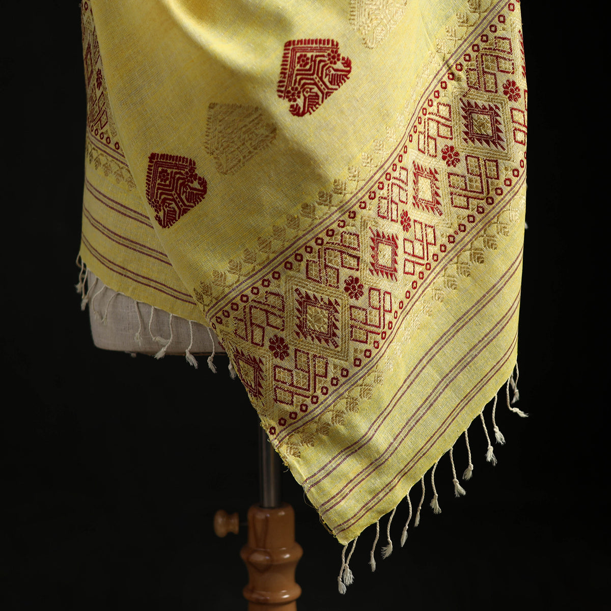Yellow - Handspun Handwoven Pure Eri Silk Aari Hand Embroidered Shawl of Assam 24