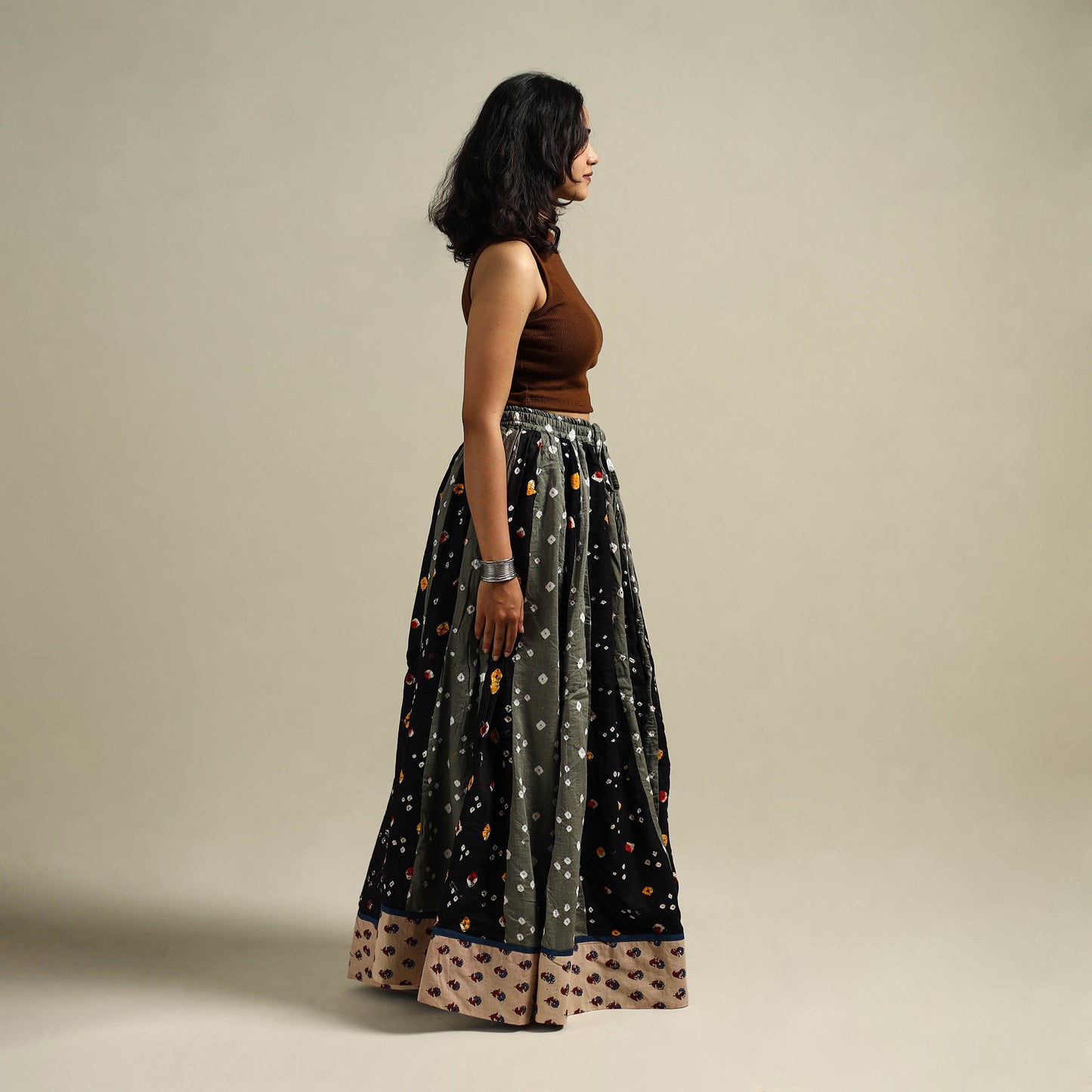 Multicolor - Bandhani Tie-Dye 24 Kali Patchwork Cotton Long Skirt 03
