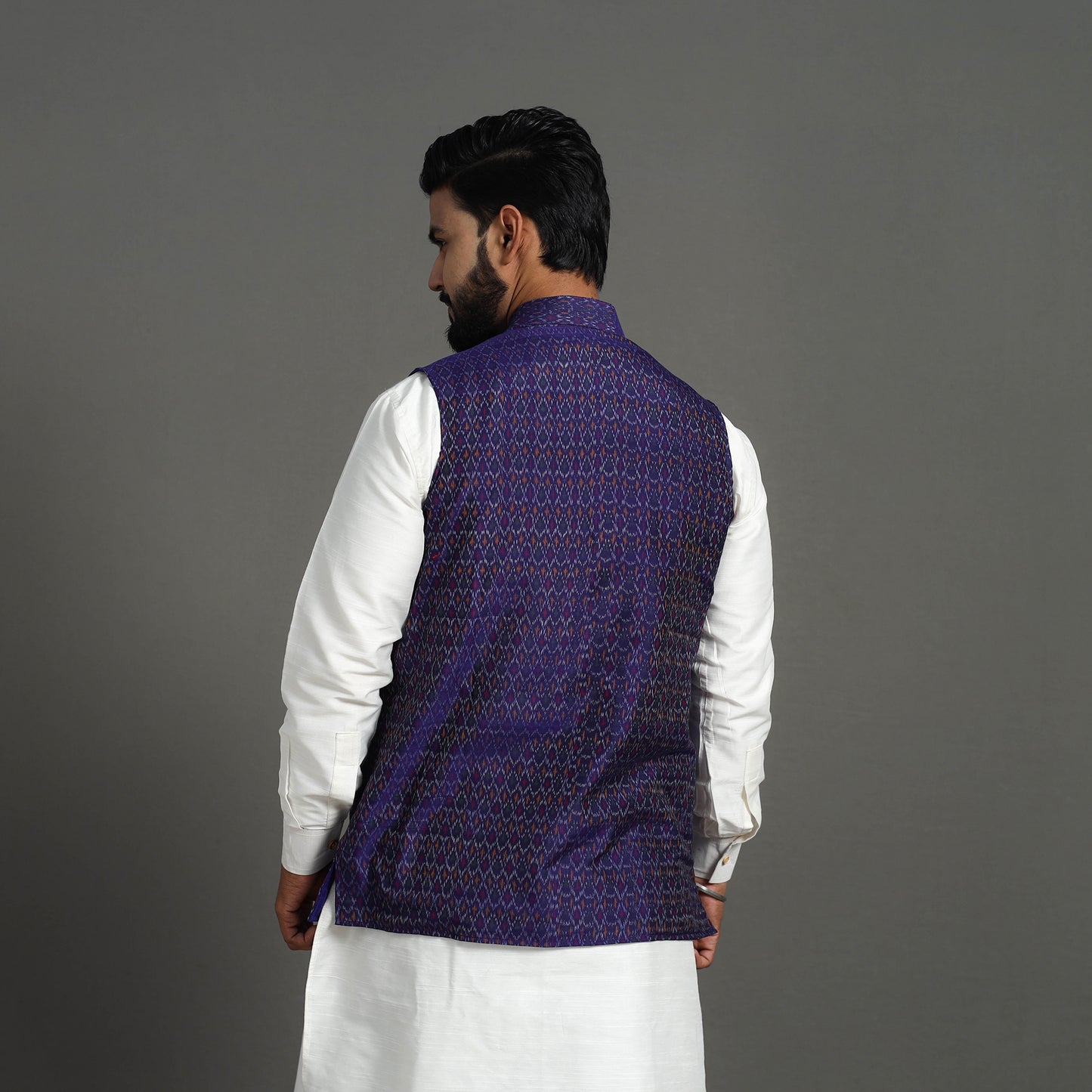 Purple - Silk Cotton Handwoven Pochampally Ikat Nehru Jacket 16