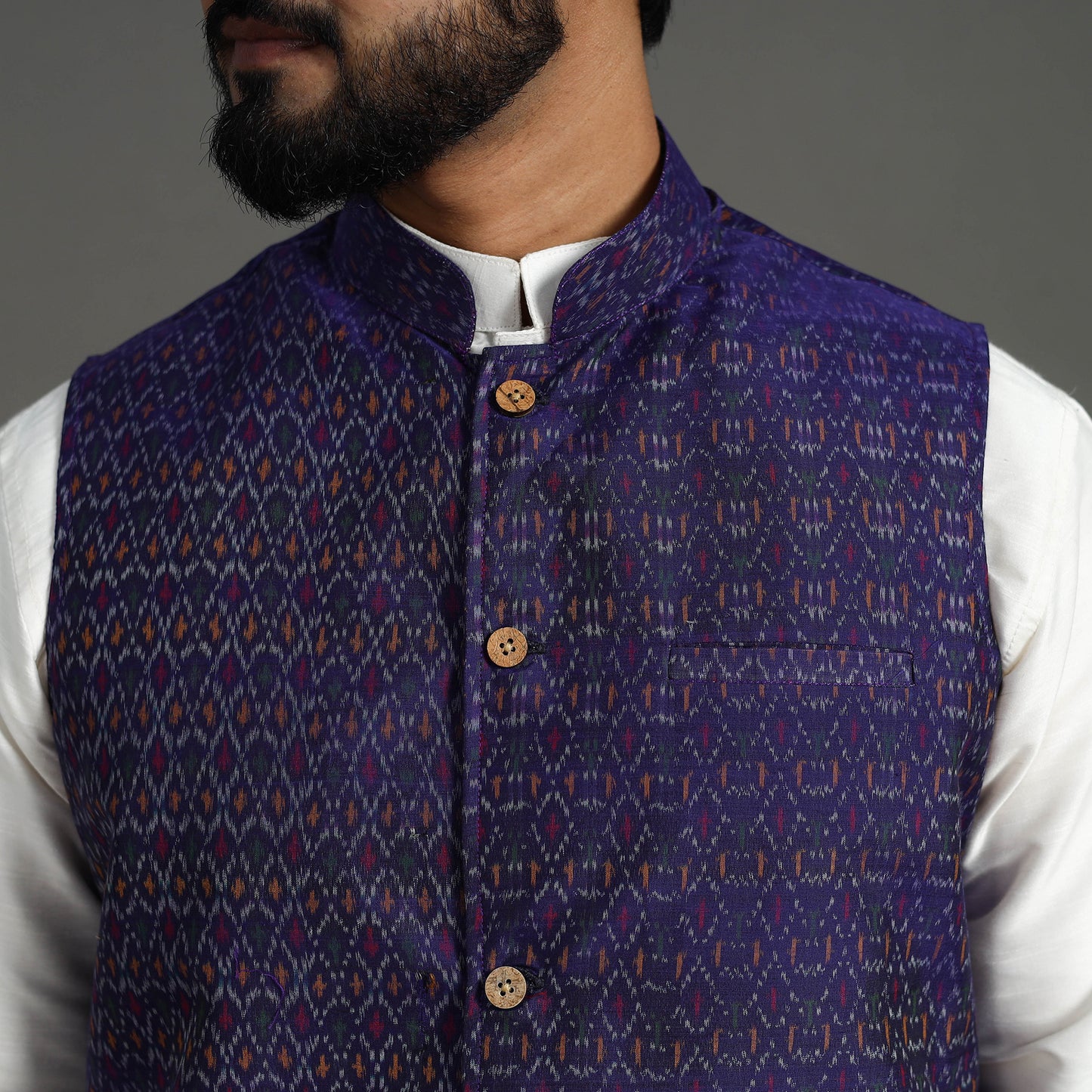 Purple - Silk Cotton Handwoven Pochampally Ikat Nehru Jacket 16