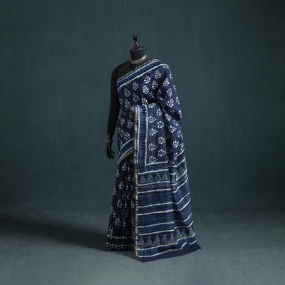 Bagru Indigo Hand Block Print Natural Dyed Mulberry Silk Saree 32