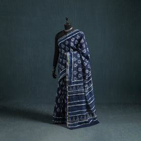Bagru Indigo Hand Block Print Natural Dyed Mulberry Silk Saree 32