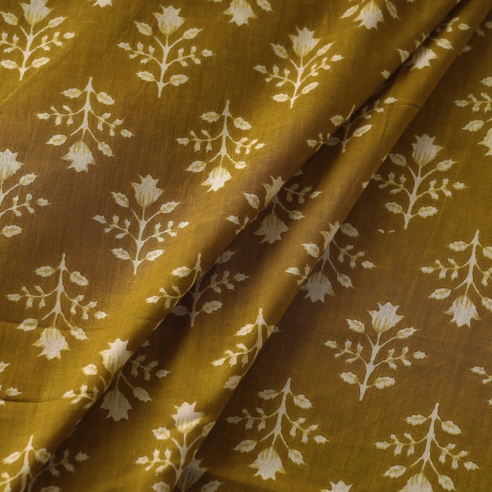 Brown - Olive Green Florid Butta Cotton Sanganeri Print Fabric