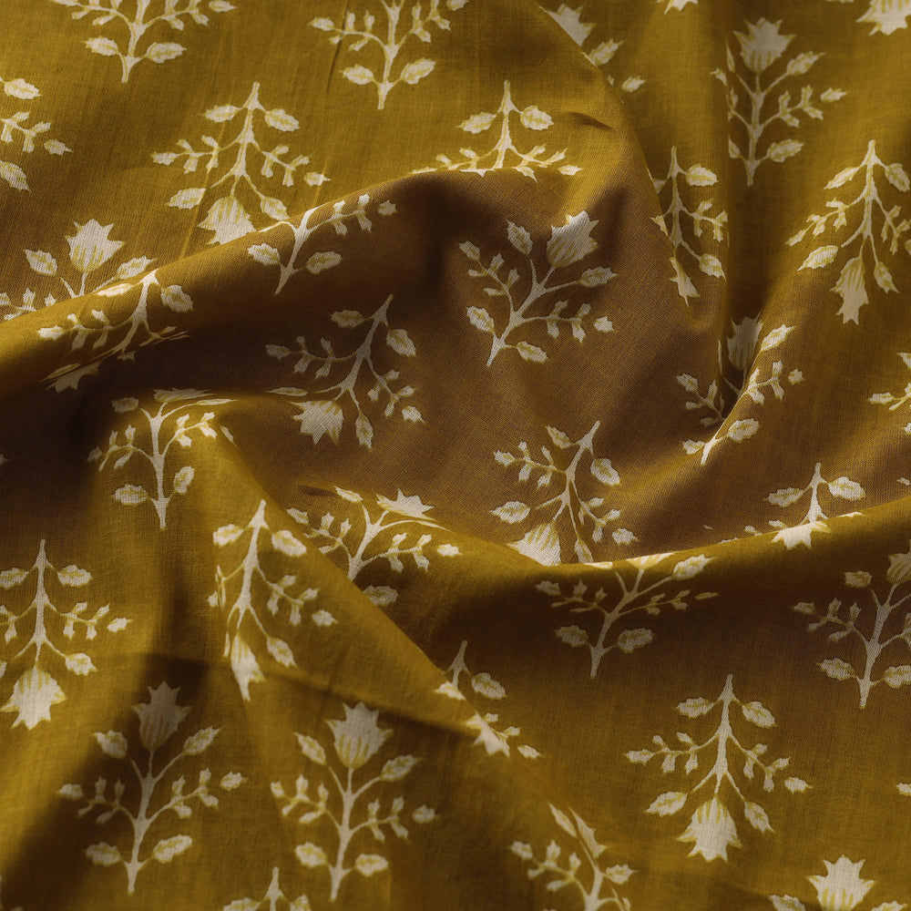 Brown - Olive Green Florid Butta Cotton Sanganeri Print Fabric