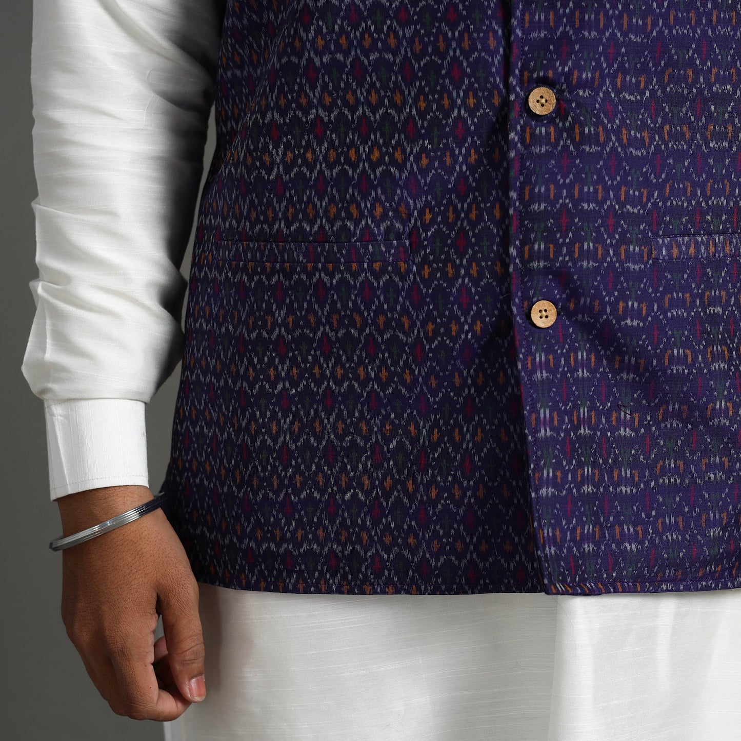 Purple - Silk Cotton Handwoven Pochampally Ikat Nehru Jacket 16