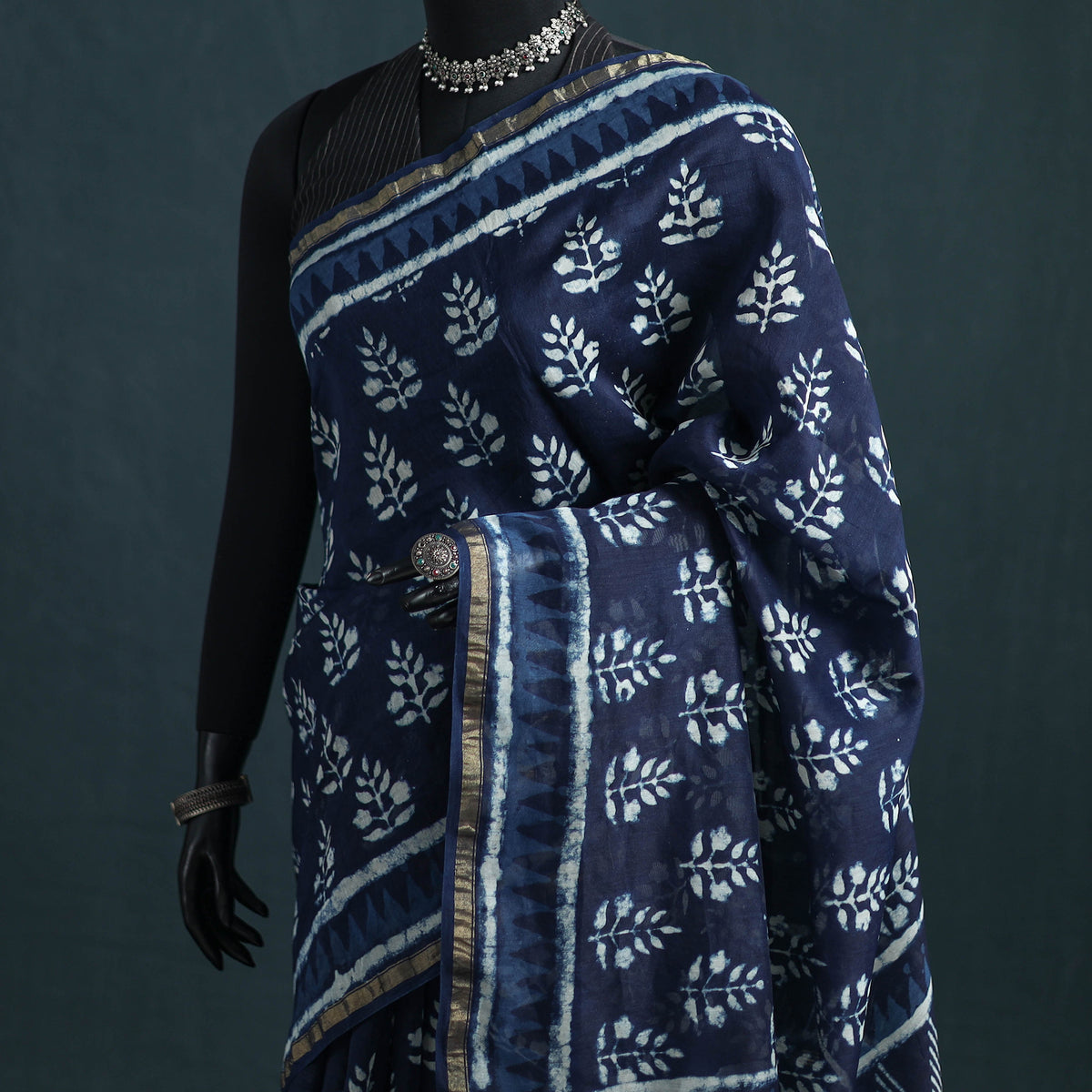 Bagru Indigo Hand Block Print Natural Dyed Mulberry Silk Saree 32