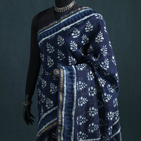 Bagru Indigo Hand Block Print Natural Dyed Mulberry Silk Saree 32