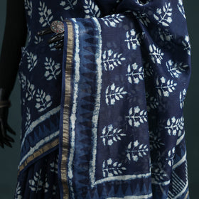 Bagru Indigo Hand Block Print Natural Dyed Mulberry Silk Saree 32