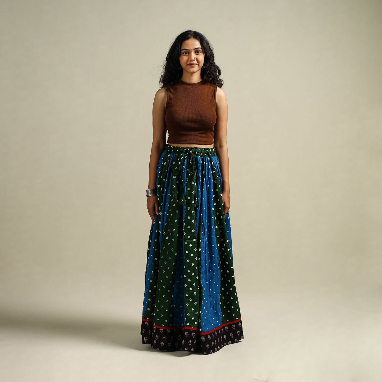 Multicolor - Bandhani Tie-Dye 24 Kali Patchwork Cotton Long Skirt 04