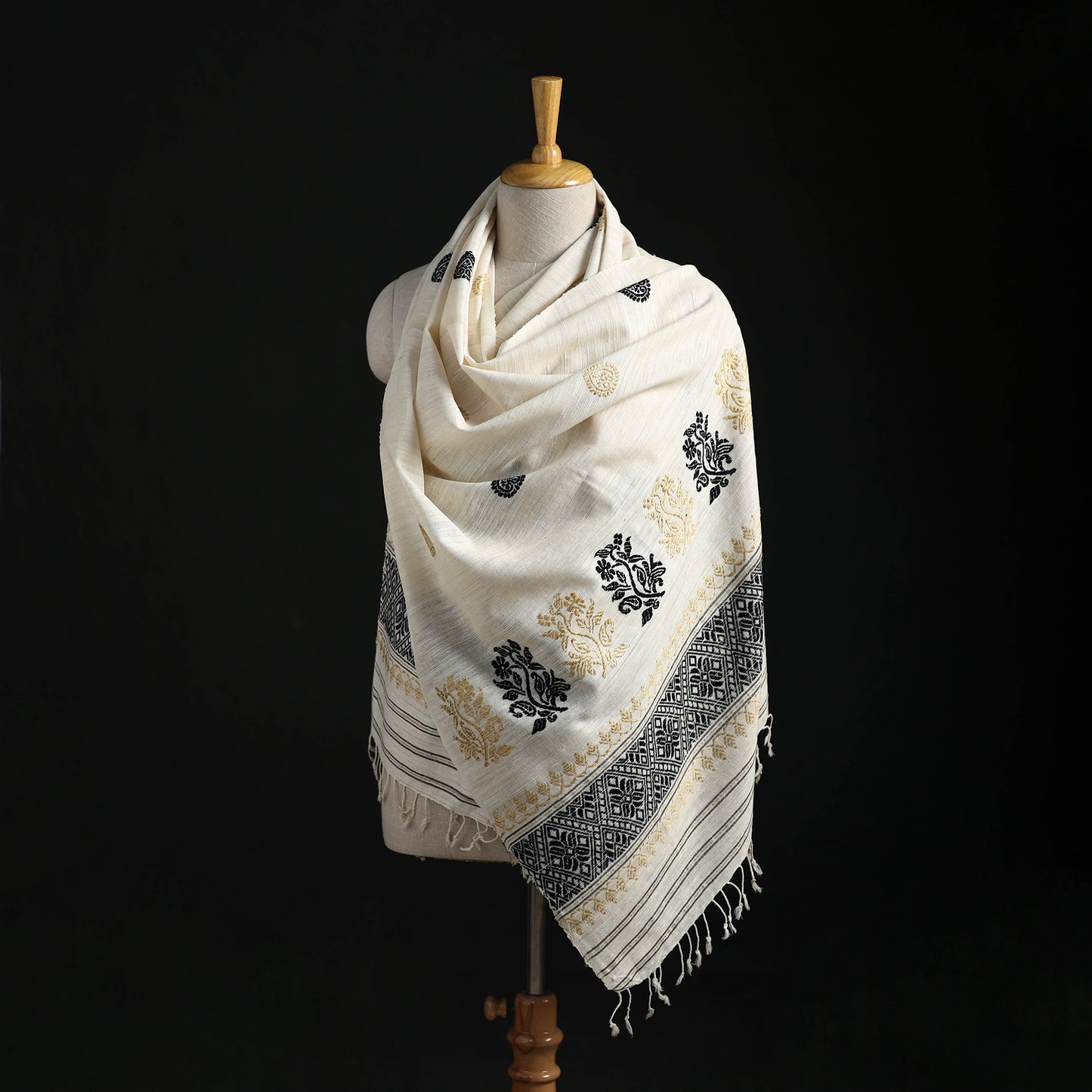 White - Handspun Handwoven Pure Eri Silk Aari Hand Embroidered Shawl of Assam 25