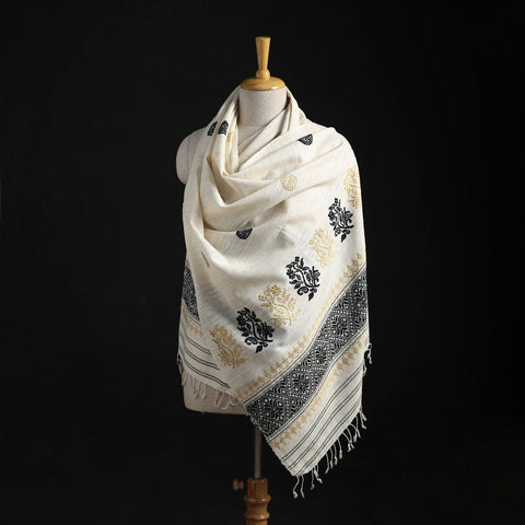 White - Handspun Handwoven Pure Eri Silk Aari Hand Embroidered Shawl of Assam 25