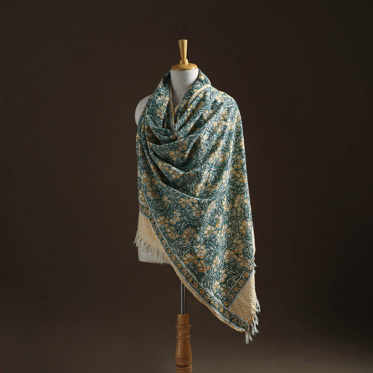 Floral Sanganeri Print Pure Merino Wool Handwoven Shawl 42