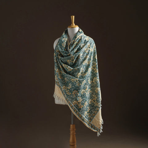 Floral sanganeri print pure merino wool handwoven shawl 42