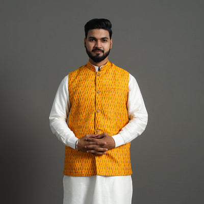 Yellow - Silk Cotton Handwoven Pochampally Ikat Nehru Jacket 14