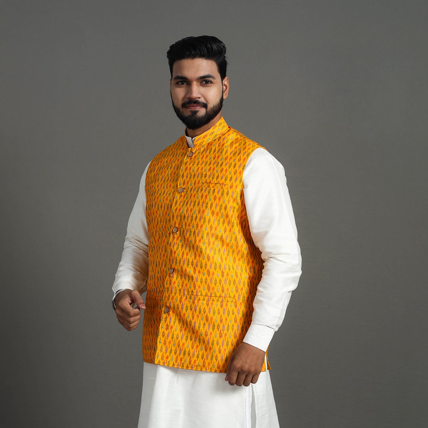 Yellow - Silk Cotton Handwoven Pochampally Ikat Nehru Jacket 14