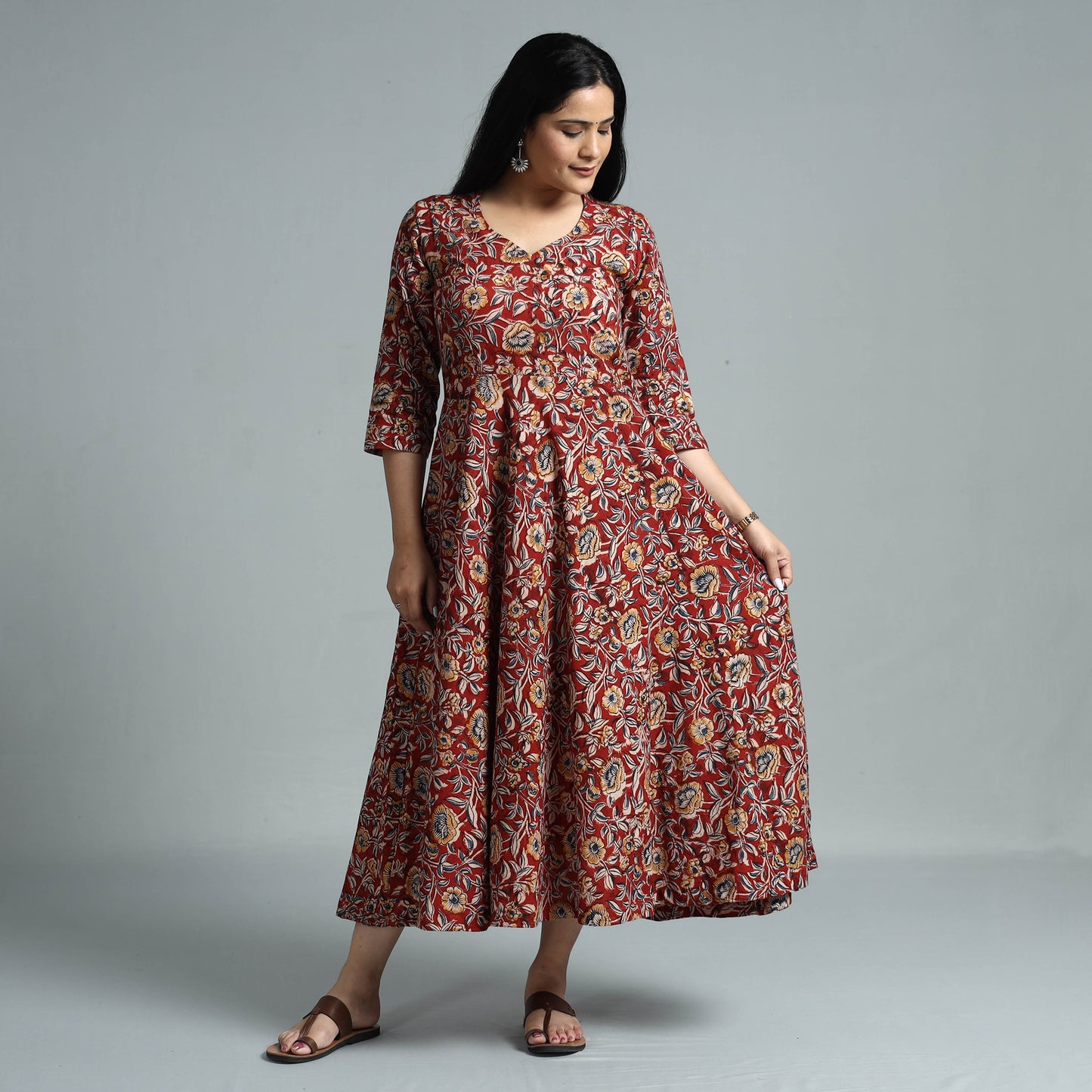Red - Kalamkari Block Printed Cotton Flared Gher Dress