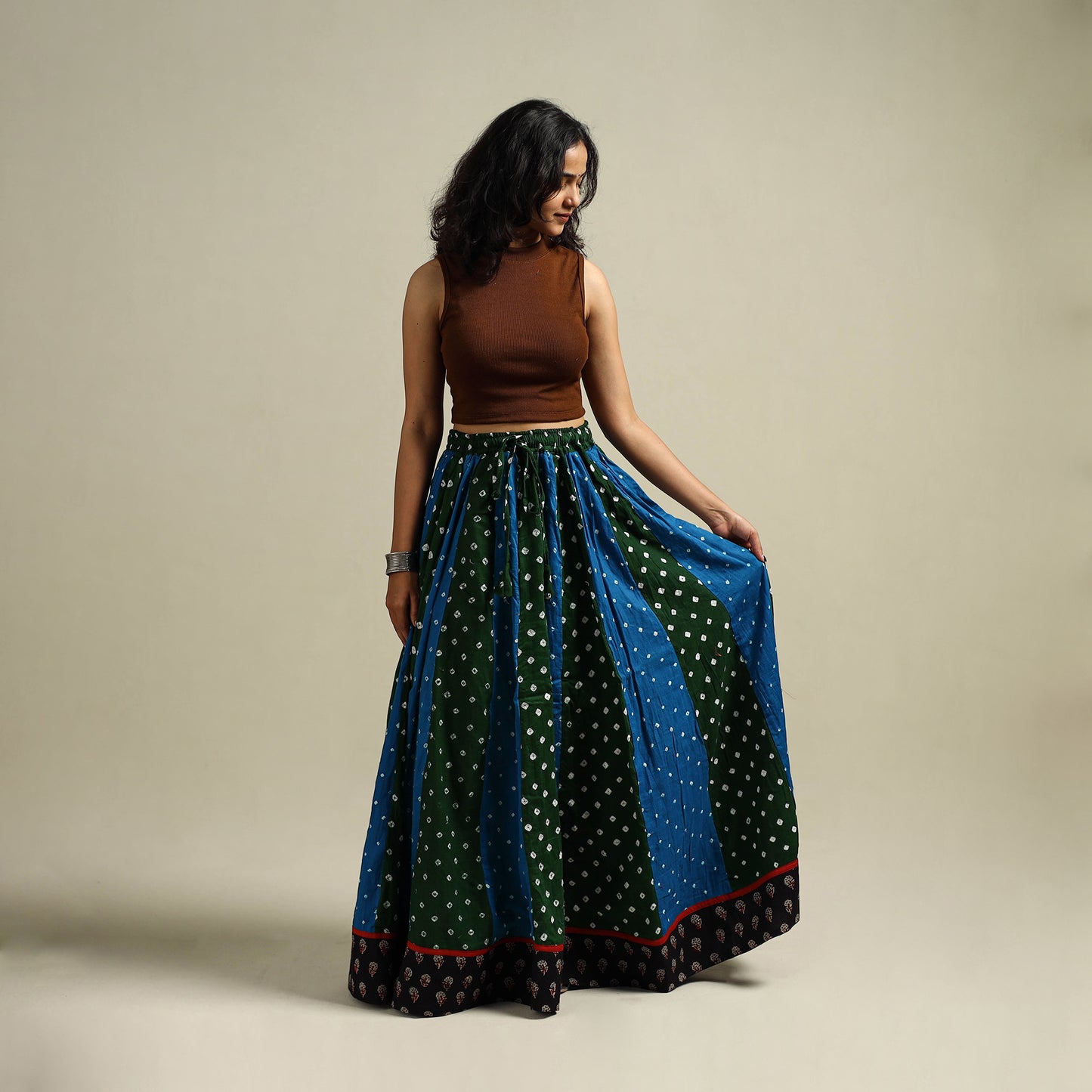 Multicolor - Bandhani Tie-Dye 24 Kali Patchwork Cotton Long Skirt 04