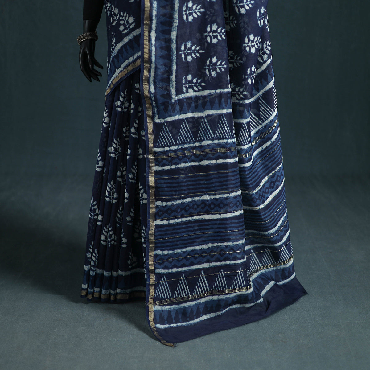 Bagru Indigo Hand Block Print Natural Dyed Mulberry Silk Saree 32