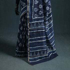 Bagru Indigo Hand Block Print Natural Dyed Mulberry Silk Saree 32