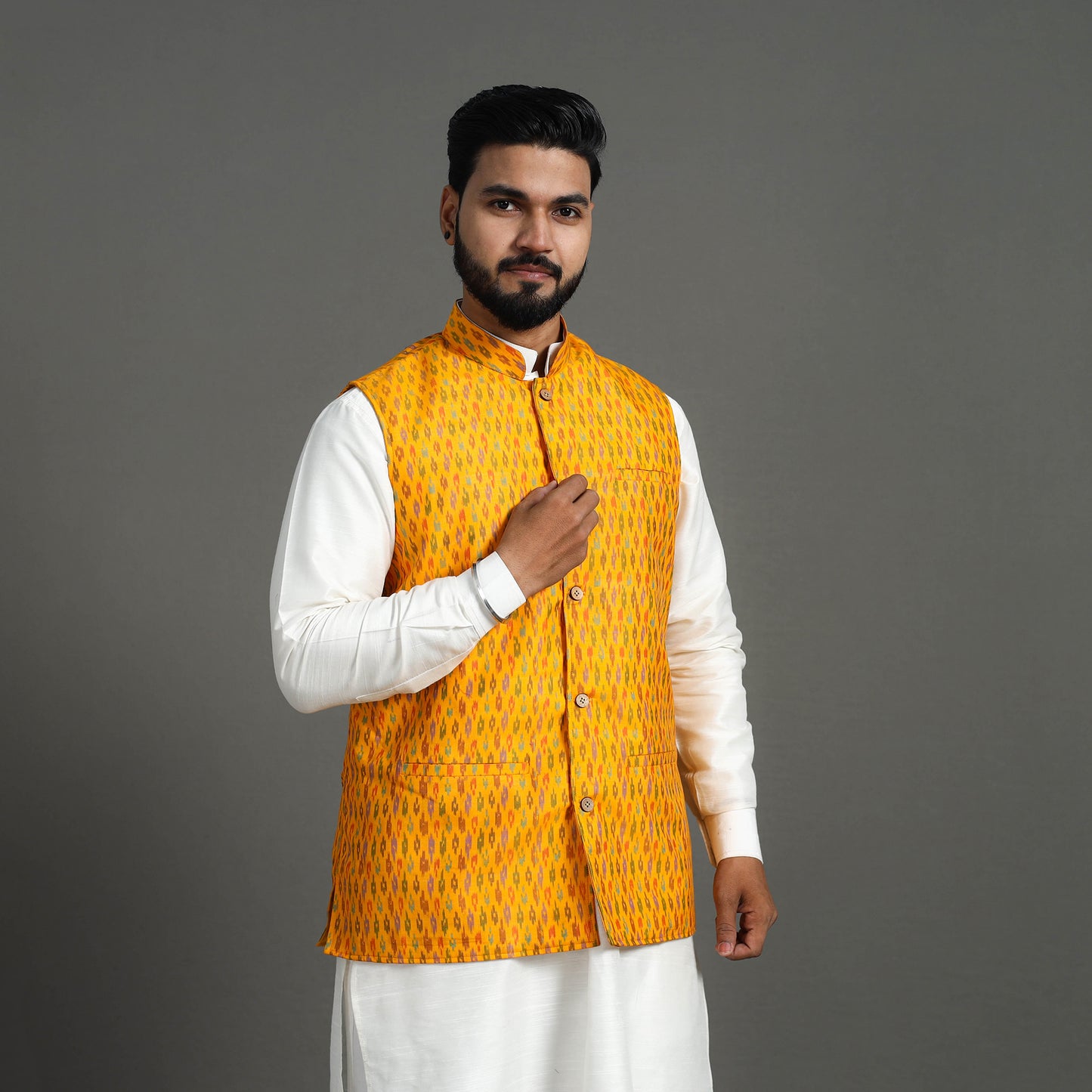 Yellow - Silk Cotton Handwoven Pochampally Ikat Nehru Jacket 14