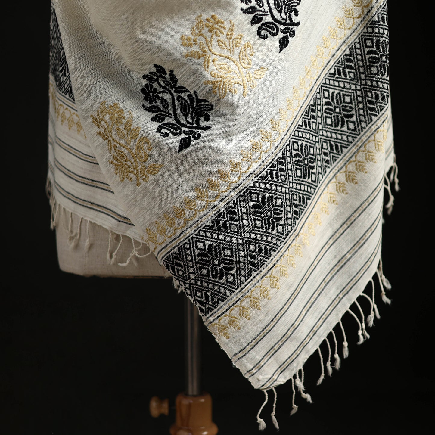 White - Handspun Handwoven Pure Eri Silk Aari Hand Embroidered Shawl of Assam 25