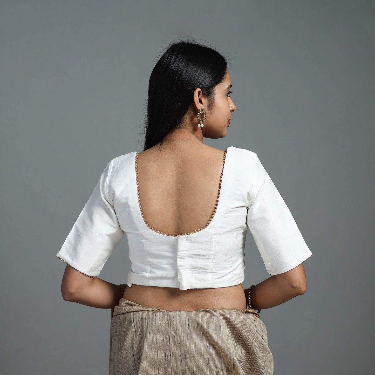 White - Gota Patti Slub Silk Plain Blouse 13