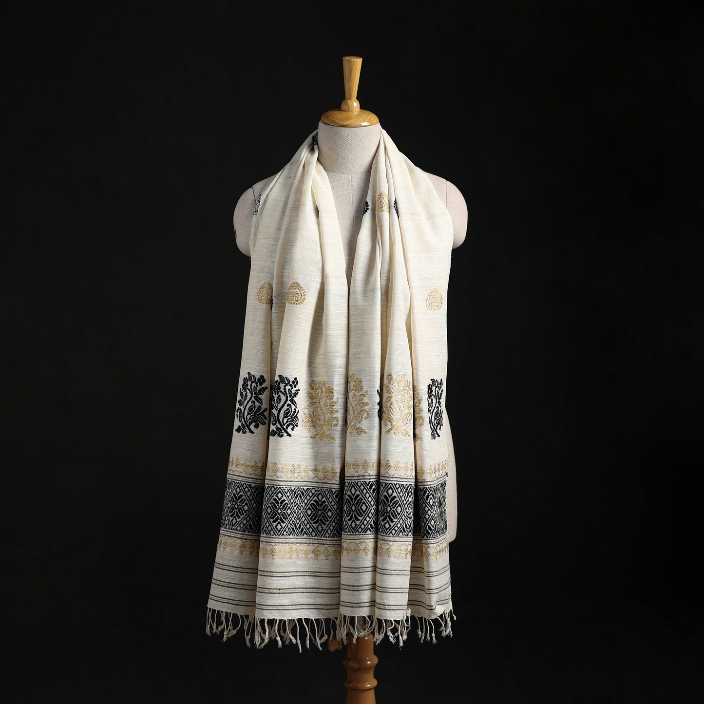 White - Handspun Handwoven Pure Eri Silk Aari Hand Embroidered Shawl of Assam 25