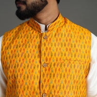 Yellow - Silk Cotton Handwoven Pochampally Ikat Nehru Jacket 14