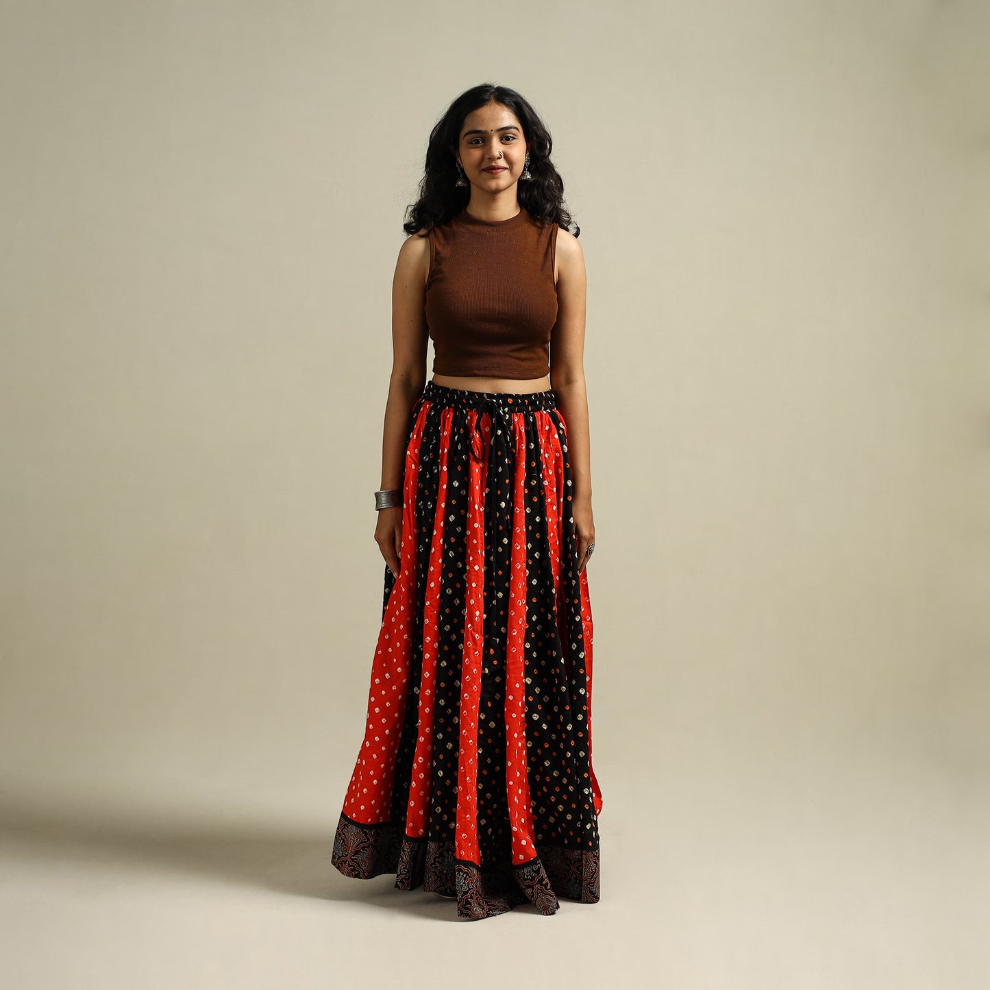 Multicolor - Bandhani Tie-Dye 24 Kali Patchwork Cotton Long Skirt 05