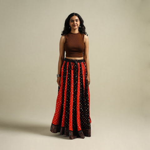 Multicolor - Bandhani Tie-Dye 24 Kali Patchwork Cotton Long Skirt 05