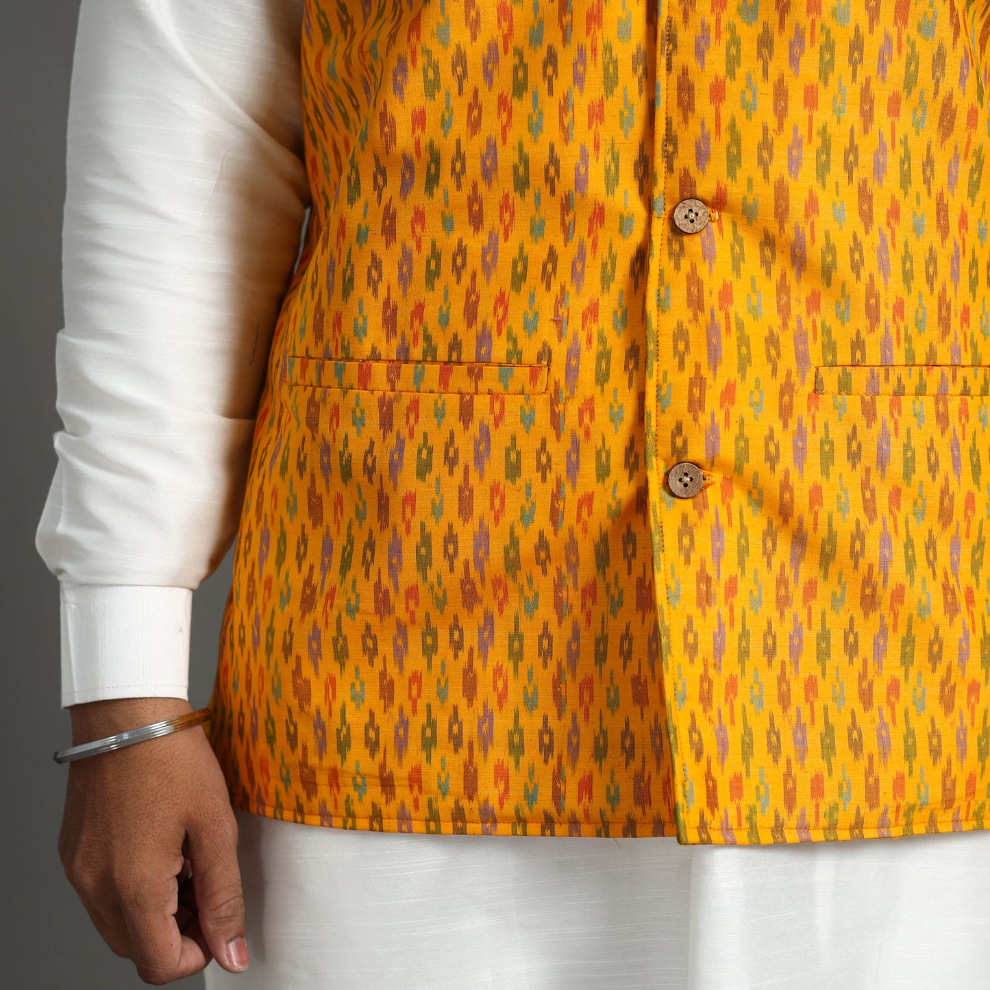 Yellow - Silk Cotton Handwoven Pochampally Ikat Nehru Jacket 14