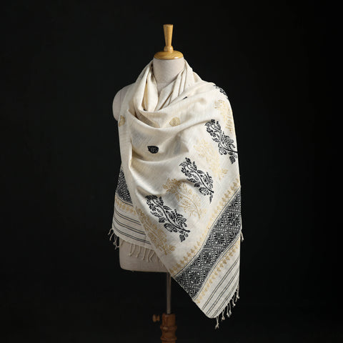 White - Handspun Handwoven Pure Eri Silk Aari Hand Embroidered Shawl of Assam 26