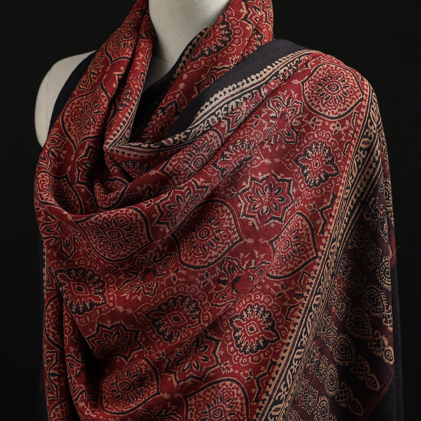 Kutch Handwoven Ajrakh Hand Block Print Merino Wool Shawl  59