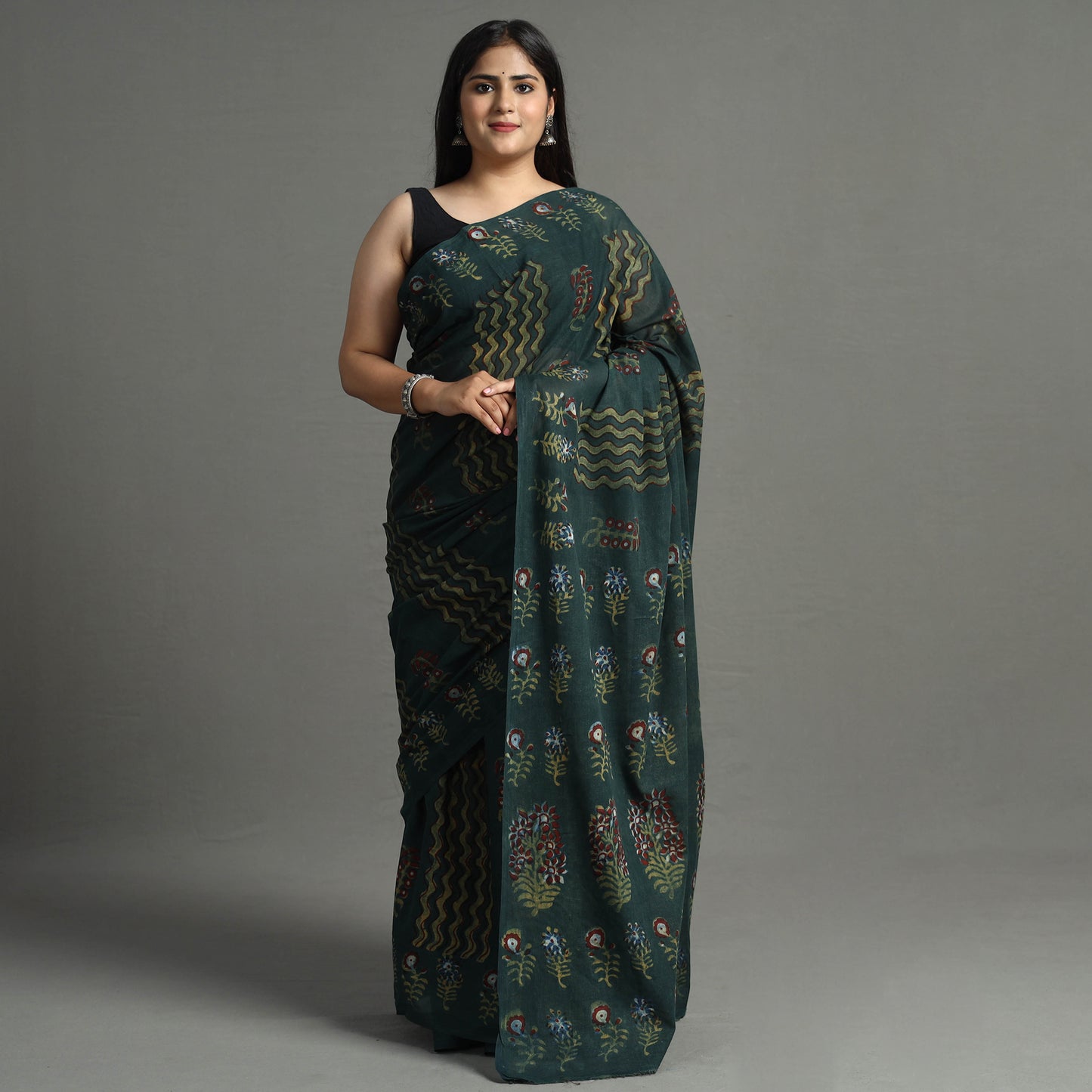 Green - Nandana Dabu Block Printed Mul Cotton Saree 11