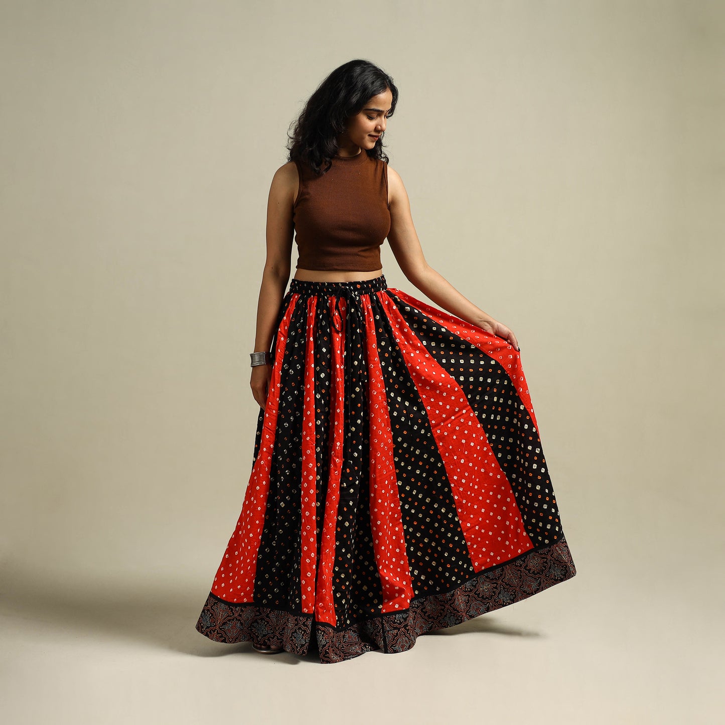 Multicolor - Bandhani Tie-Dye 24 Kali Patchwork Cotton Long Skirt 05