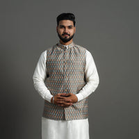 Grey - Silk Cotton Handwoven Pochampally Ikat Nehru Jacket 13