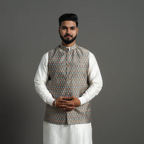 Grey - Silk Cotton Handwoven Pochampally Ikat Nehru Jacket 13