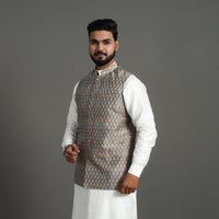 Grey - Silk Cotton Handwoven Pochampally Ikat Nehru Jacket 13