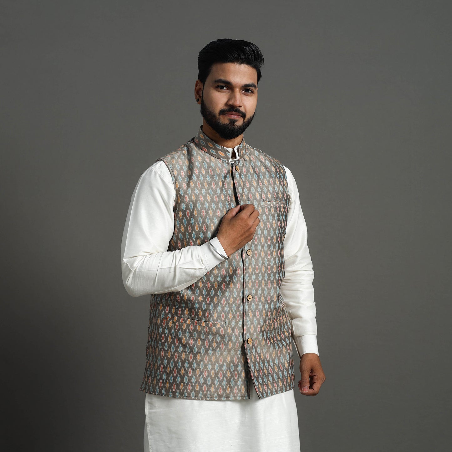 Grey - Silk Cotton Handwoven Pochampally Ikat Nehru Jacket 13