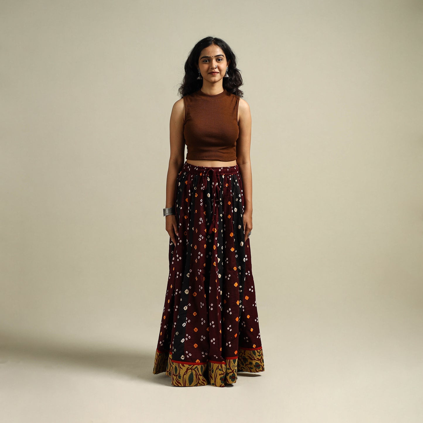 Multicolor - Bandhani Tie-Dye 24 Kali Patchwork Cotton Long Skirt 06