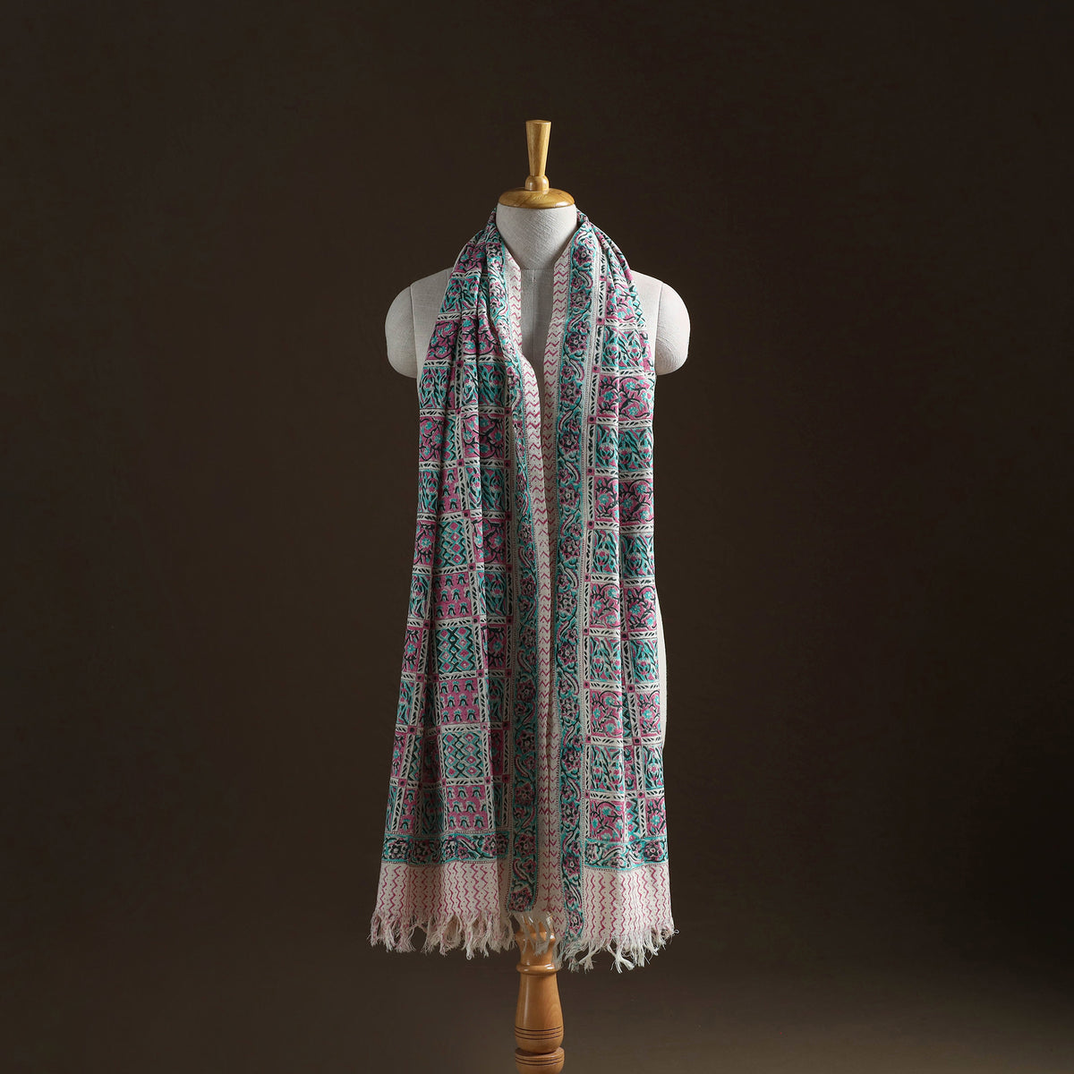 Floral Sanganeri Print Pure Merino Wool Handwoven Shawl 44