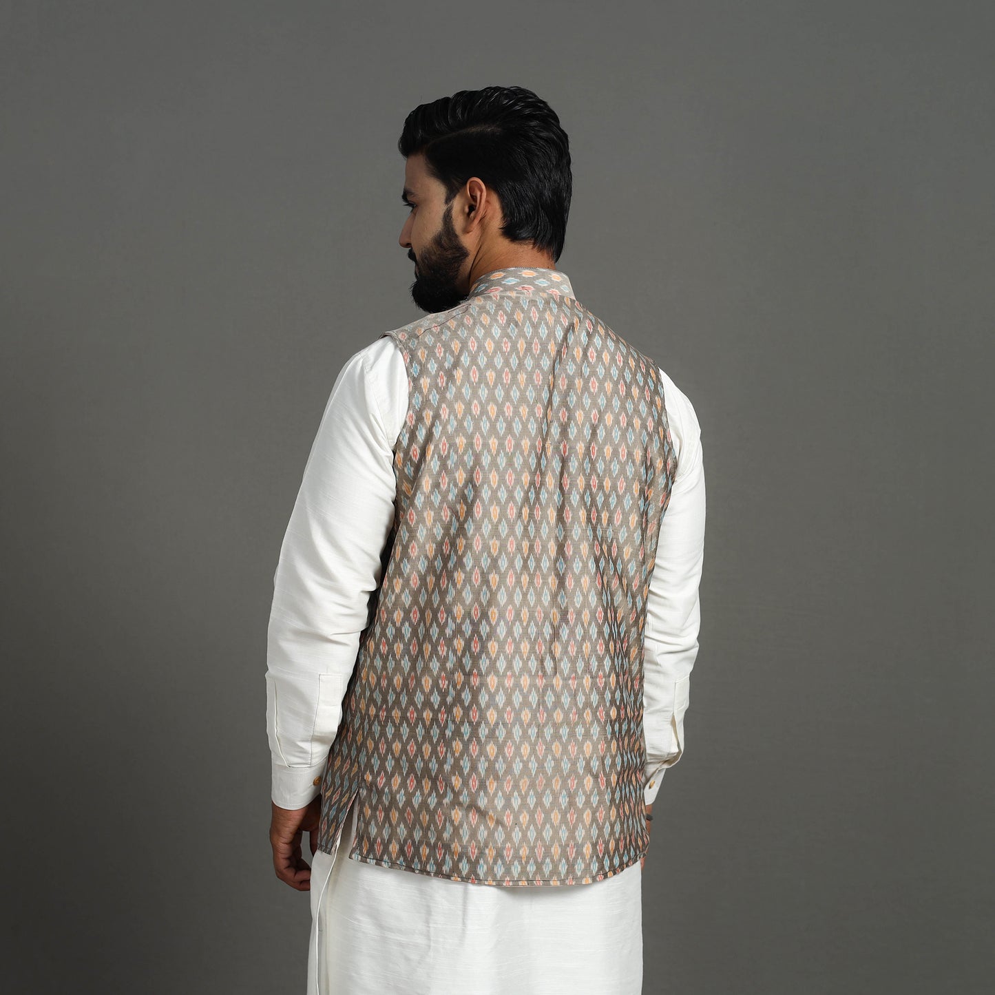 Grey - Silk Cotton Handwoven Pochampally Ikat Nehru Jacket 13