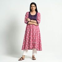 Pink - Pochampally Ikat Weave Khun Patchwork Cotton A-Line Kurta