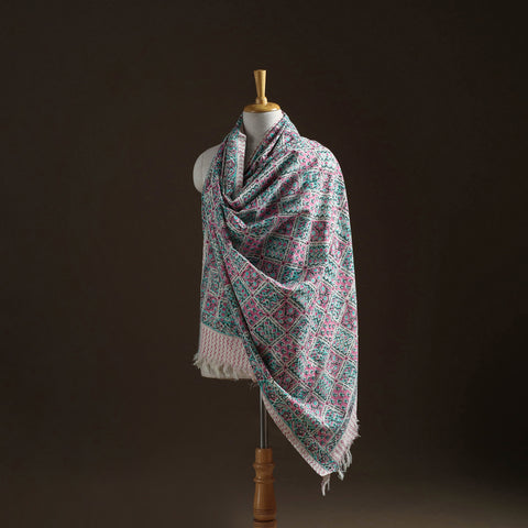 Floral sanganeri print pure merino wool handwoven shawl 44