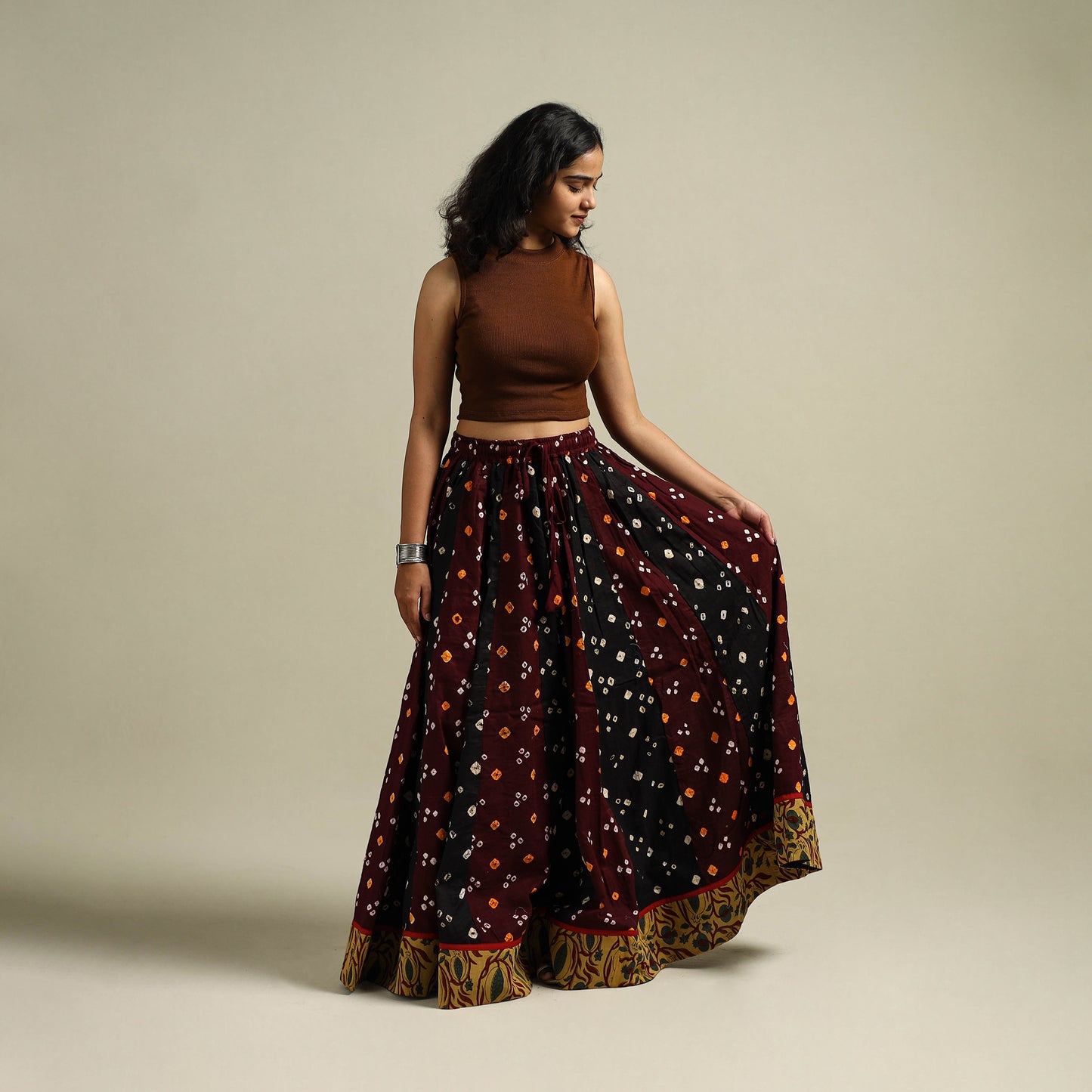 Multicolor - Bandhani Tie-Dye 24 Kali Patchwork Cotton Long Skirt 06