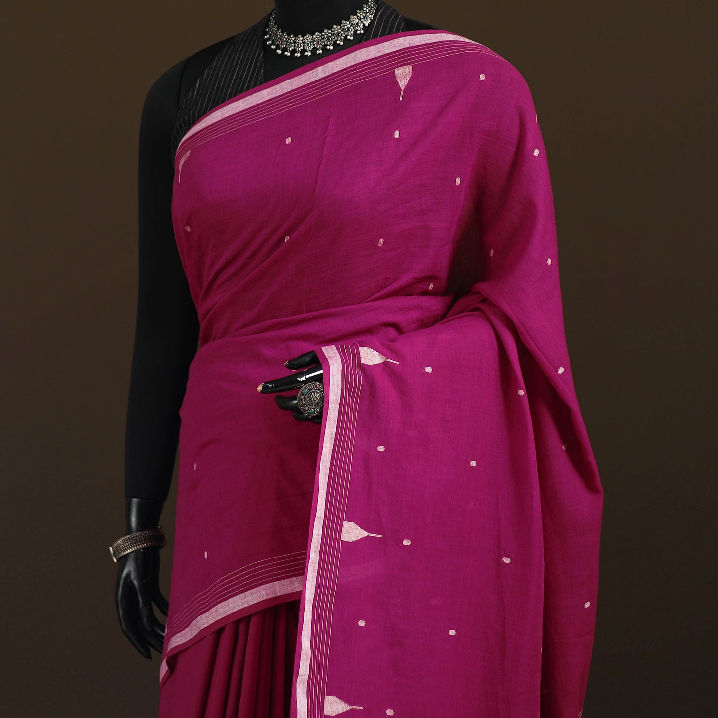 Phulia Jamdani Pure Handloom Cotton Saree with Tassels (Count 92/60) 29