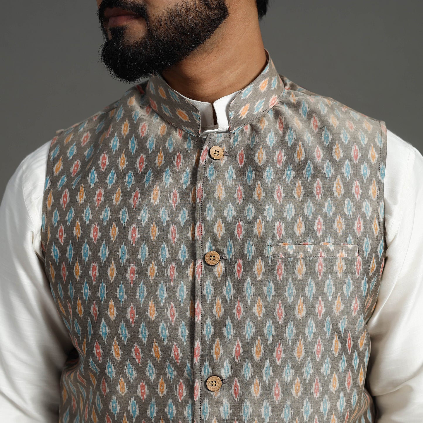 Grey - Silk Cotton Handwoven Pochampally Ikat Nehru Jacket 13