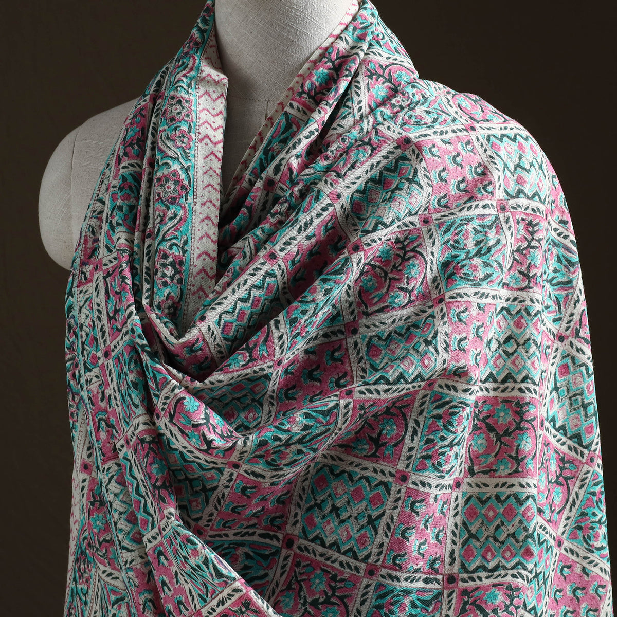 Floral Sanganeri Print Pure Merino Wool Handwoven Shawl 44