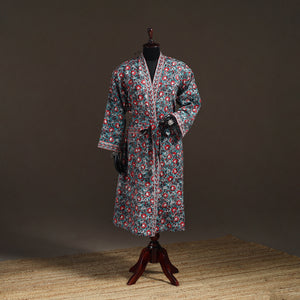 Multicolor - Sanganeri Hand Block Print Waffle Weave Cotton Bath Robe 16