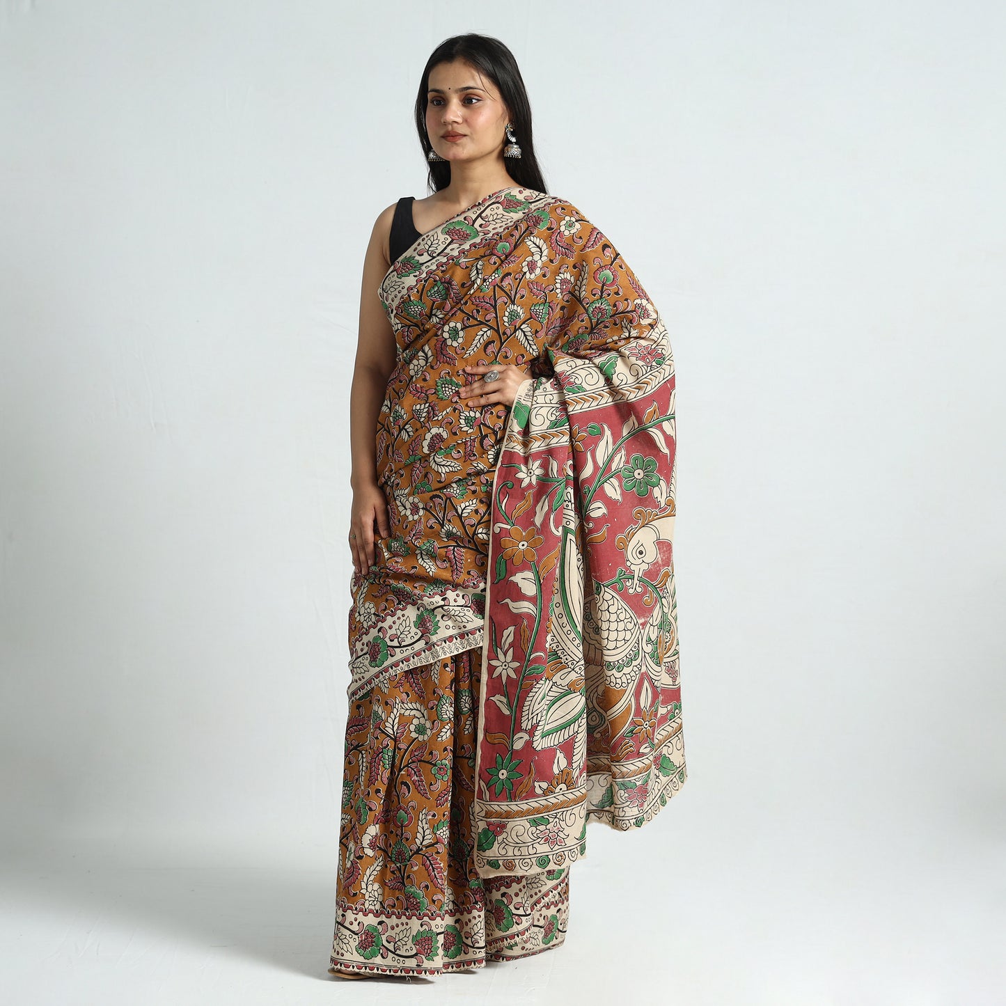 Brown - Kalamkari Printed Cotton Saree with Blouse Piece 01